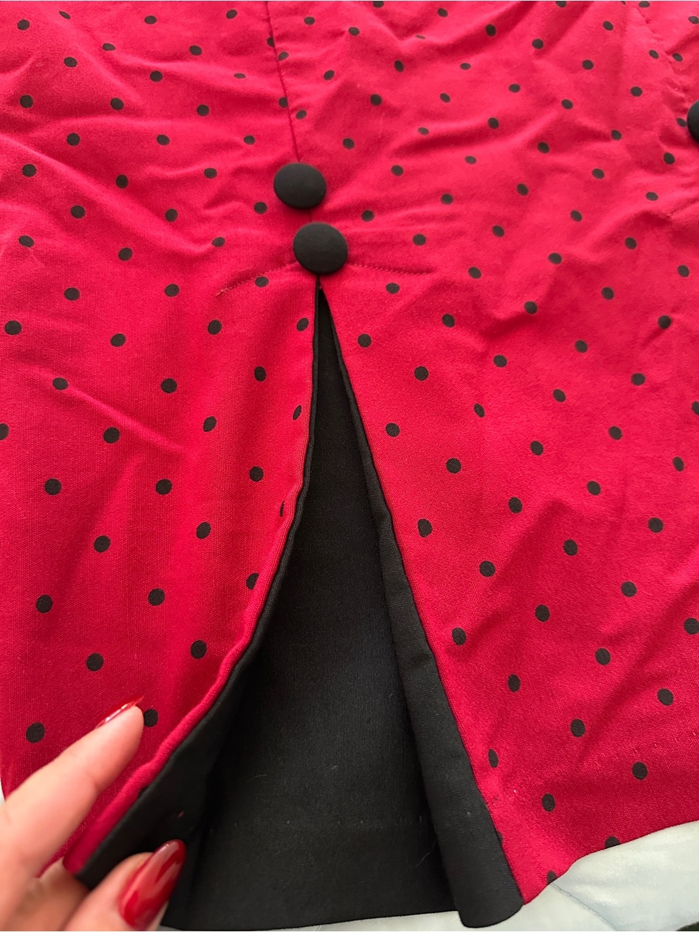 Stop Staring Red Polka Dot Sheath Dress with Black Trim - Picture 5 of 7
